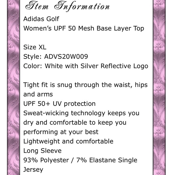 NWT adidas Knit Base Layer Long Sleeve White Golf Shirt with UPF 50 SunBlock - Picture 6 of 7